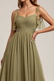 Olive Spaghetti Straps Tulle A Line Long Bridesmaid Dress with Slit