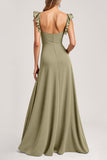 Olive Ruffled A Line Long Bridesmaid Dress with Slit
