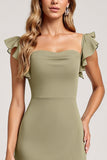 Olive Ruffled A Line Long Bridesmaid Dress with Slit