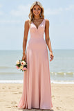 Blush V-Neck A Line Long Bridesmaid Dress