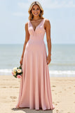 Blush V-Neck A Line Long Bridesmaid Dress