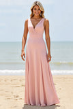 Blush V-Neck A Line Long Bridesmaid Dress
