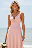Blush V-Neck A Line Long Bridesmaid Dress