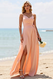 Sunset Chiffon A Line Long Bridesmaid Dress with Slit