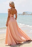 Sunset Chiffon A Line Long Bridesmaid Dress with Slit