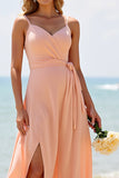 Sunset Chiffon A Line Long Bridesmaid Dress with Slit
