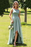 Sage Green Chiffon A Line High-Low Bridesmaid Dress with Ruffles