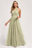 Dusty Sage One Shoulder Tulle A Line Long Bridesmaid Dress