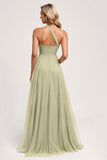 Dusty Sage One Shoulder Tulle A Line Long Bridesmaid Dress