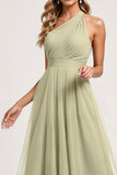 Dusty Sage One Shoulder Tulle A Line Long Bridesmaid Dress