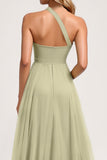 Dusty Sage One Shoulder Tulle A Line Long Bridesmaid Dress