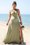 Olive Plus Size Halter Satin Long Bridesmaid Dress with Slit