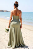 Olive Plus Size Halter Satin Long Bridesmaid Dress with Slit