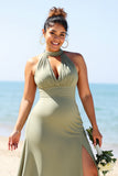 Olive Plus Size Halter Satin Long Bridesmaid Dress with Slit