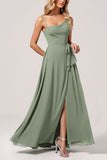 Eucalyptus Chiffon A Line Long Bridesmaid Dress with Slit