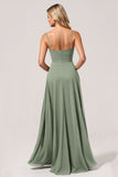 Eucalyptus Chiffon A Line Long Bridesmaid Dress with Slit