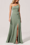 Eucalyptus Chiffon A Line Long Bridesmaid Dress with Slit