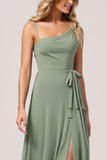 Eucalyptus Chiffon A Line Long Bridesmaid Dress with Slit