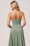 Eucalyptus Chiffon A Line Long Bridesmaid Dress with Slit