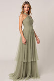 Olive Tulle Tiered Halter Long Bridesmaid Dress