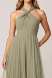 Olive Tulle Tiered Halter Long Bridesmaid Dress