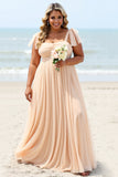 Apricot A Line Chiffon Spaghetti Straps Long Bridesmaid Dress with Slit