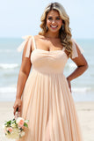 Apricot A Line Chiffon Spaghetti Straps Long Bridesmaid Dress with Slit