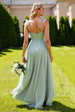 Sage Green Chiffon Spaghetti Straps A Line Long Bridesmaid Dress