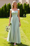 Sage Green Chiffon Spaghetti Straps A Line Long Bridesmaid Dress