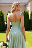Sage Green Chiffon Spaghetti Straps A Line Long Bridesmaid Dress