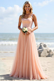 Blush Chiffon A Line Long Bridesmaid Dress