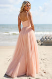 Blush Chiffon A Line Long Bridesmaid Dress