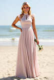 Candy Pink High Neck Chiffon Sheath Long Bridesmaid Dress