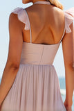 Candy Pink High Neck Chiffon Sheath Long Bridesmaid Dress