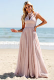 Candy Pink High Neck Chiffon Sheath Long Bridesmaid Dress
