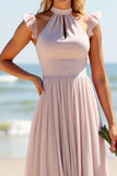 Candy Pink High Neck Chiffon Sheath Long Bridesmaid Dress