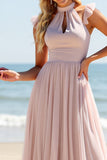 Candy Pink High Neck Chiffon Sheath Long Bridesmaid Dress