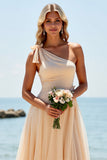 Apricot Chiffon One Shoulder A Line Long Bridesmaid Dress