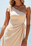 Apricot Chiffon Mermaid One Shoulder Long Bridesmaid Dress with Slit
