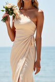 Apricot Chiffon Mermaid One Shoulder Long Bridesmaid Dress with Slit