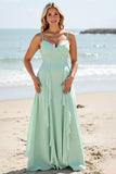 Mint Green Chiffon A Line Long Bridesmaid Dress with Ruffles