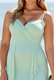 Mint Green Chiffon A Line Long Bridesmaid Dress with Ruffles