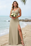 Olive Sheath Satin Spaghetti Straps Long Bridesmaid Dress with Slit