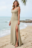 Olive Sheath Satin Spaghetti Straps Long Bridesmaid Dress with Slit
