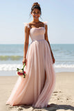 Candy Pink A Line Pleated Long Bridesmaid Dress with Slit
