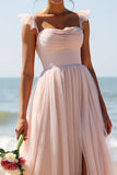 Candy Pink A Line Pleated Long Bridesmaid Dress with Slit