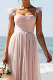 Candy Pink A Line Pleated Long Bridesmaid Dress with Slit