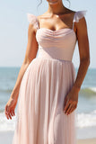 Candy Pink A Line Pleated Long Bridesmaid Dress with Slit