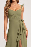 Olive A Line Chiffon Ruffled Long Bridesmaid Dress with Slit