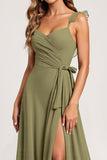 Olive A Line Chiffon Ruffled Long Bridesmaid Dress with Slit